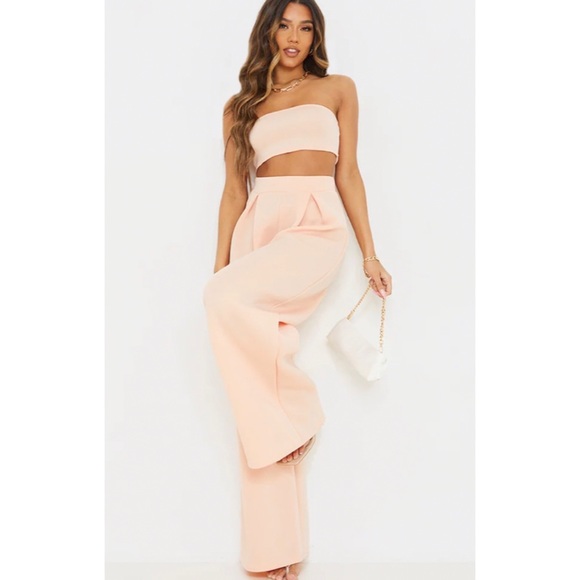 PrettyLittleThing Pants - USED Nude Bonded Scuba Pleated Extreme Wide Leg Pants